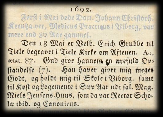 Gengivelse af teksten om Erik Grubbes begravelse 18. maj 1692 i Farstrup og Axelsons dagb&oslash;ger