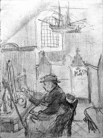 Charlotte von Krogh sidder og maler i S&oslash;nderho Kirke. Tegning udf&oslash;rt af August Wilckens