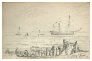 Tremastet skonnert i Nordby Havn.Blyantsskitse udført af Holger Drachmann på Fanø maj 1894