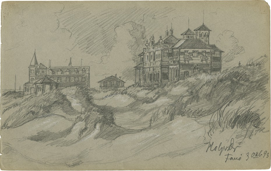 Holger Drachmanns skitse af Kurhotellet udført i oktober 1893 Holger Drachmanns skitse af Kurhotellet udført i oktober 1893