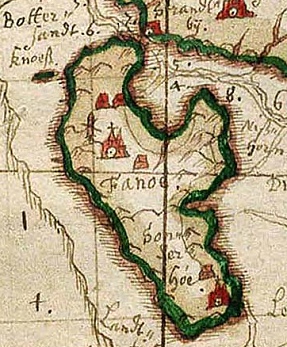 Fan&oslash; p&aring; et udsnit af kartografen Johannes Mejers h&aring;ndtegnede kort over hertugd&oslash;mmet Slesvig 1650