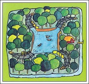 Tegning af fuglek&oslash;je set fra luften