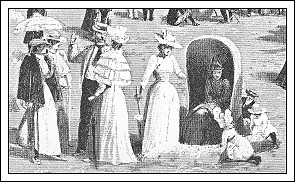 Krinolinekl&aelig;dte herskabsdamer med parasoller promenerer p&aring; stranden