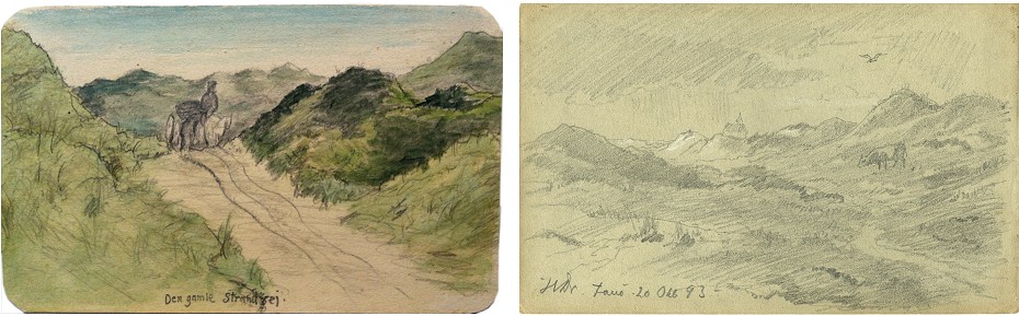 Den gamle Strandvej af Johanne Bork. Til h&oslash;jre Holger Drachmanns tegning af samme motiv