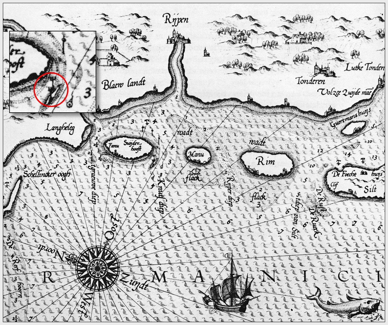 Udsnit af søkort over Jyllands vestkyst 1584. Beskrevet af den hollandske kartograf Lucas Jansz. Waghenaer