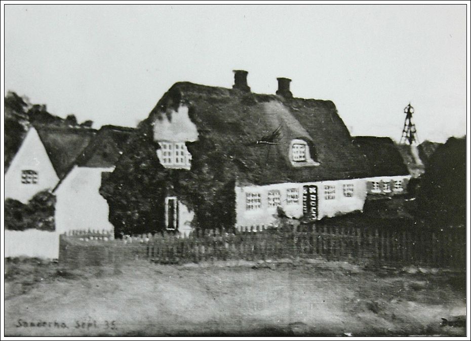Kropladsen 9 i september 1935 med æ Kåver i baggrunden malet af Maria Lund-Rasmussen
