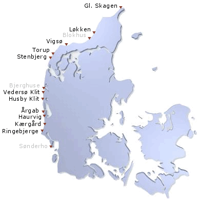 Kort over Jylland med båkerne placeret