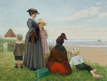 Johan Rohde: Kunstnerens hustru Asa og deres børn møder en fanøkone. Ca. 1920 Johan Rohde: Kunstnerens hustru Asa og deres børn møder en fanøkone. Ca. 1920