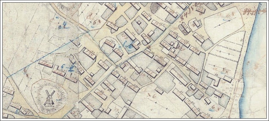 Nordby 1820. Udsnit af landmåler Søren Jensen Thobølls matrikelkort over Fanø 1820