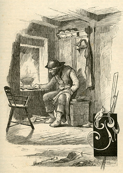 Eneboeren p&aring; Fan&oslash;. Tegning af Emmery Rondahl. Xylograferet af F. Hendriksen