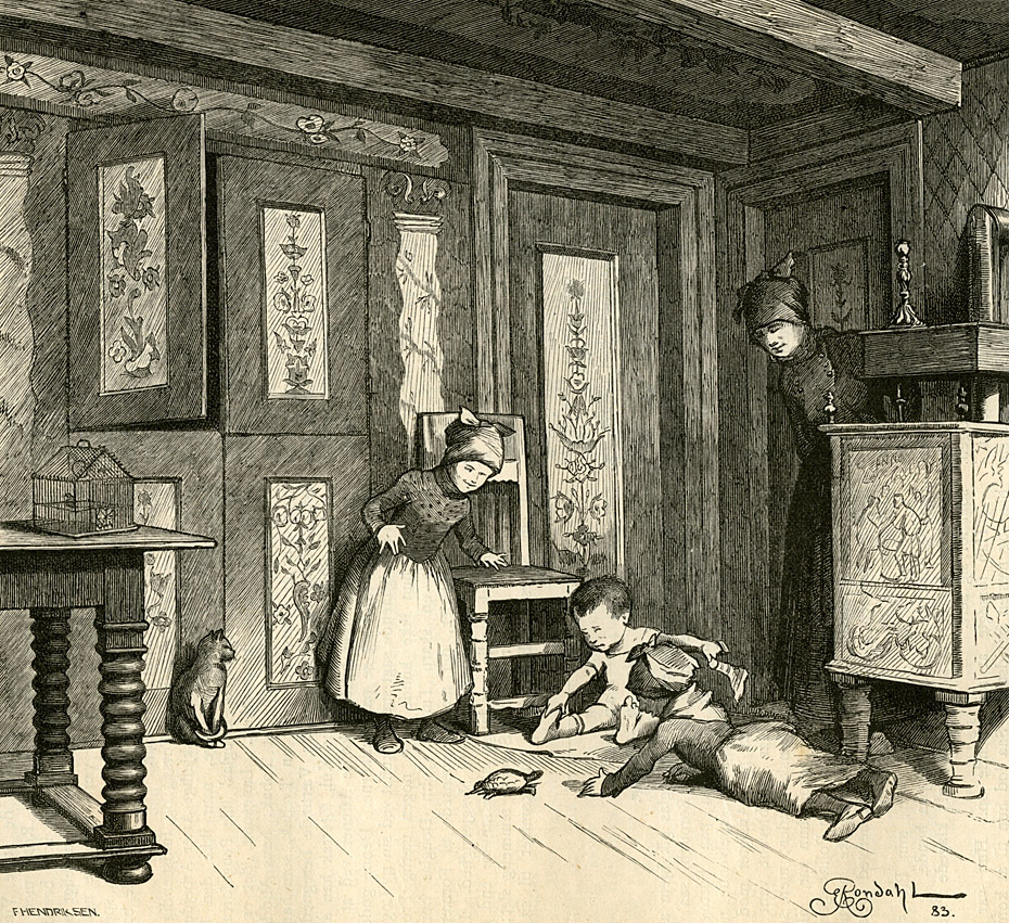 Interi&oslash;r fra et Fan&oslash;hus. Tegning af Emmery Rondahl. Xylograferet af F. Hendriksen