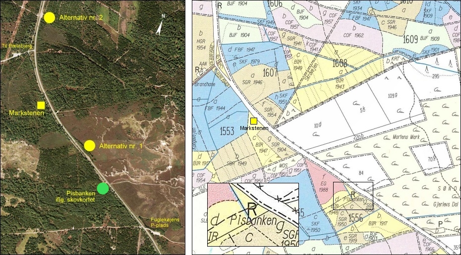 Satellitfoto og skovkort over landevejen mellem Nordby og Sønderho
