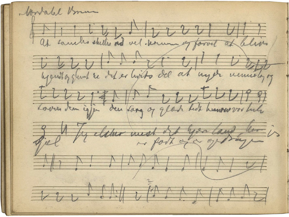 Melodien til Nordahl Bruns At samles, skilles ad optegnet i Catharinus Ellings Arbeidsb&oslash;ker