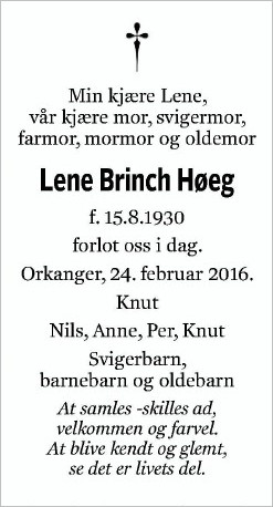 Dødsannonce for Lene Brinch Høeg 1930-2016