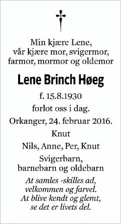 D&oslash;dsannonce for Lene Brinch H&oslash;eg 1930-2016