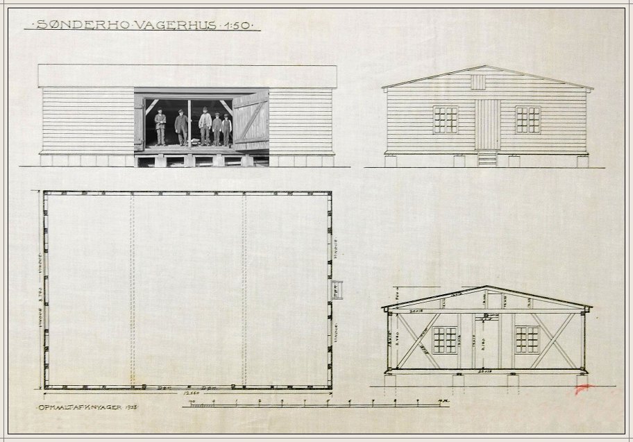 Tegning og grundplan af det kgl. vagerhus p&aring; S&oslash;nderho Havn 1933