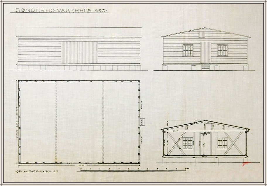 Tegning og grundplan af det kgl. vagerhus p&aring; S&oslash;nderho Havn 1933