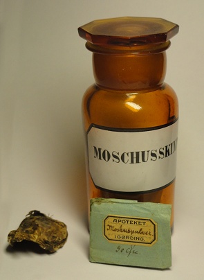 En apotekerflaske med moskuspulver