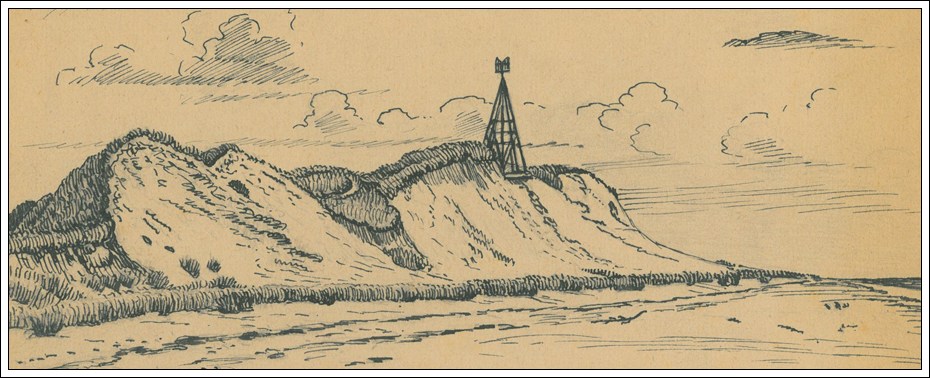 Klitterne ved S&oslash;nderho Strand med &aelig; L&aelig;ns K&aring;ver tegnet i 1915 af N.M. Gerald