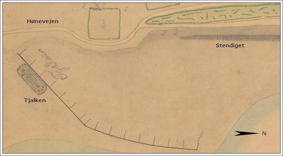Dige og havnefront p&aring; Emil Petersens kort over S&oslash;nderho Havn 1868