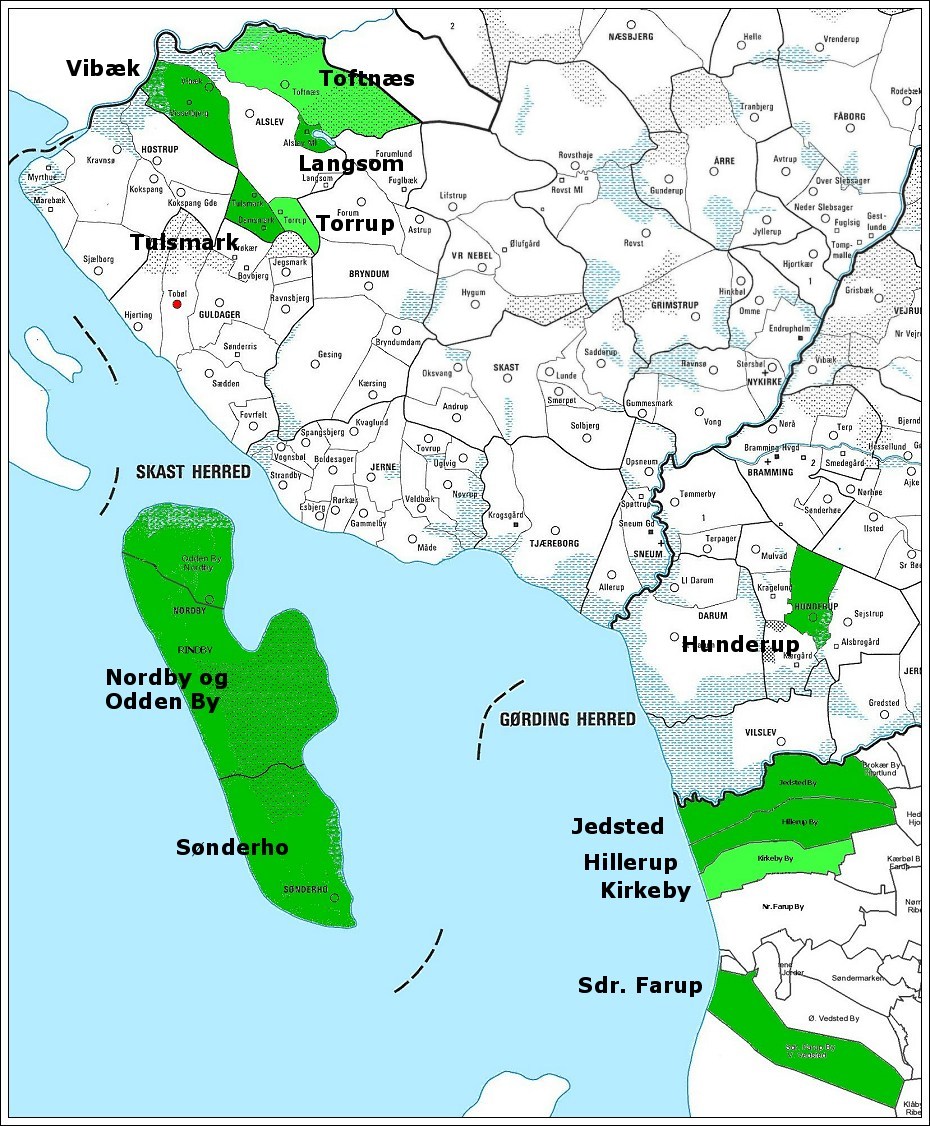 Kort med angivelse af nogle af de sogne som Thob&oslash;ll har opm&aring;lt