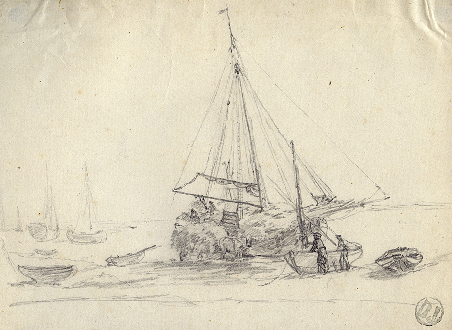 Der losses hø ved ebbe. Tegning fra Fanø af David Jacobsen 1852