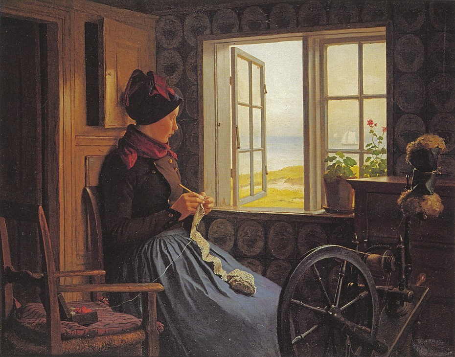 Julius Exner: En pige med sit h&aelig;klet&oslash;j ved et &aring;bentst&aring;ende vindue