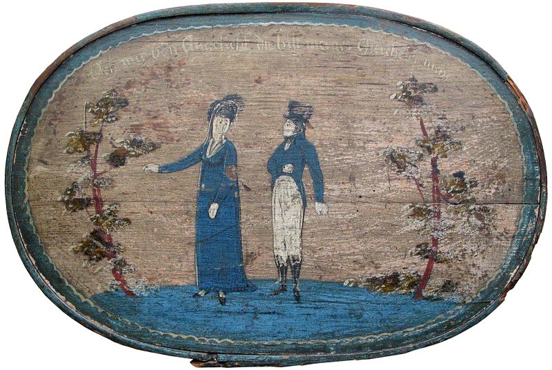 Sp&aring;n&aelig;sken set fra oven med indskriften Geb mir von Angesicht du bist meines Gleichens nicht. P&aring; l&aring;get ses ogs&aring; det formodede brudepar